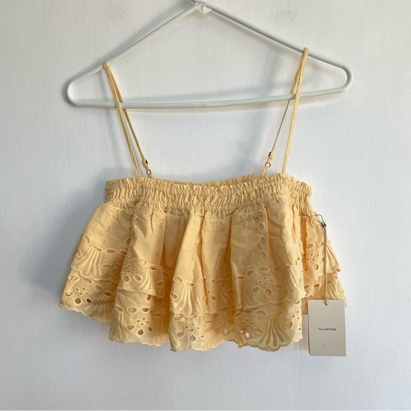 NWT Tularosa Stella Crop Top in Butter Yellow Ruffle Embroidered Smocked XXS - Picture 2 of 11